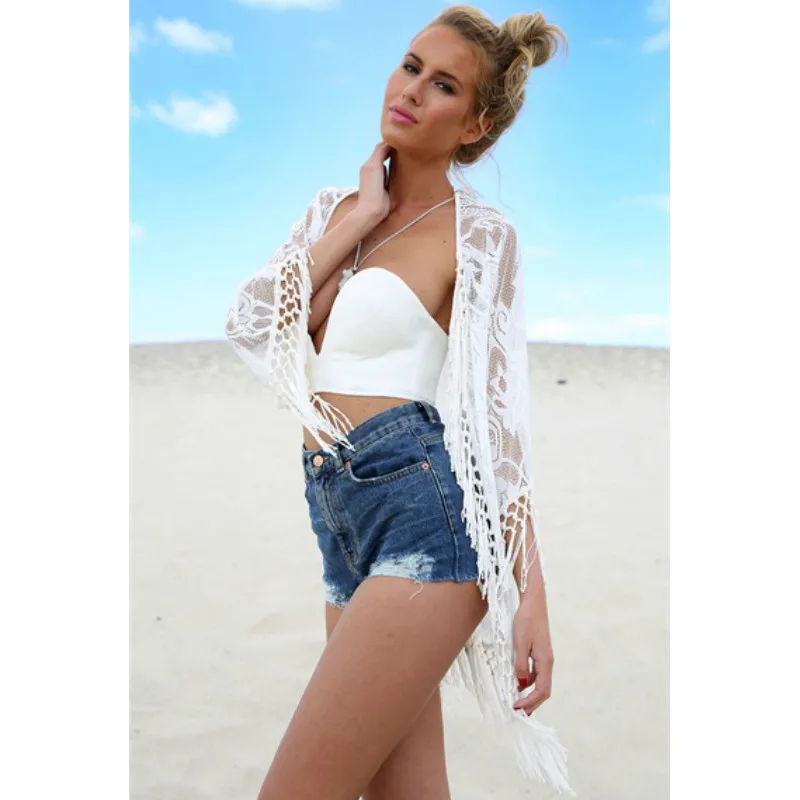 White Sexy Women Lace Crochet Tassel Bikini Swimwear Cover Up Woman Beach Dress Bathing Suit Beach Swimwear cover up