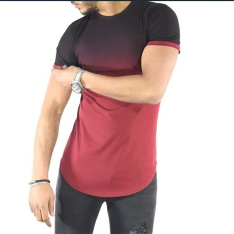 Men Slim Compression T Shirt Red Black Gradient Summer Casual Short ...