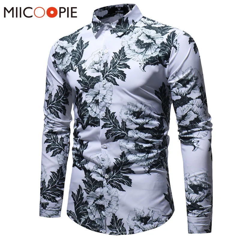 Fashion Flower Shirt Men Spring Floral Print Shirts Black White ...