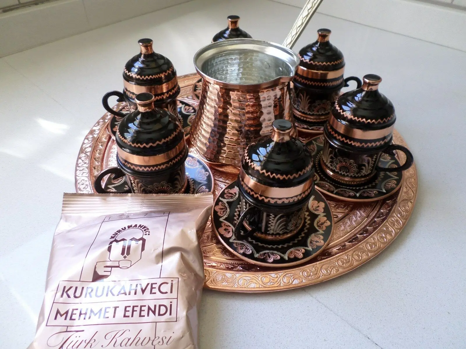 

Totally Handmade Copper Turkish Coffee & Espresso Serving Set:OTTOMAN STYLE-6 CUPS