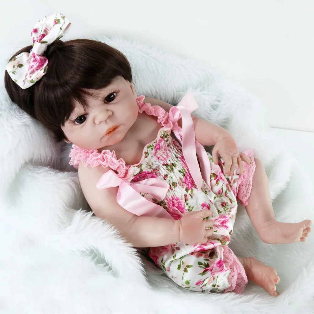 

UCanaan 22''/ 55CM Full Vinyl Silicone Doll Reborn Baby Girl Brown Eyes Long Hair Dolls For Children Kawaii Kids Toys