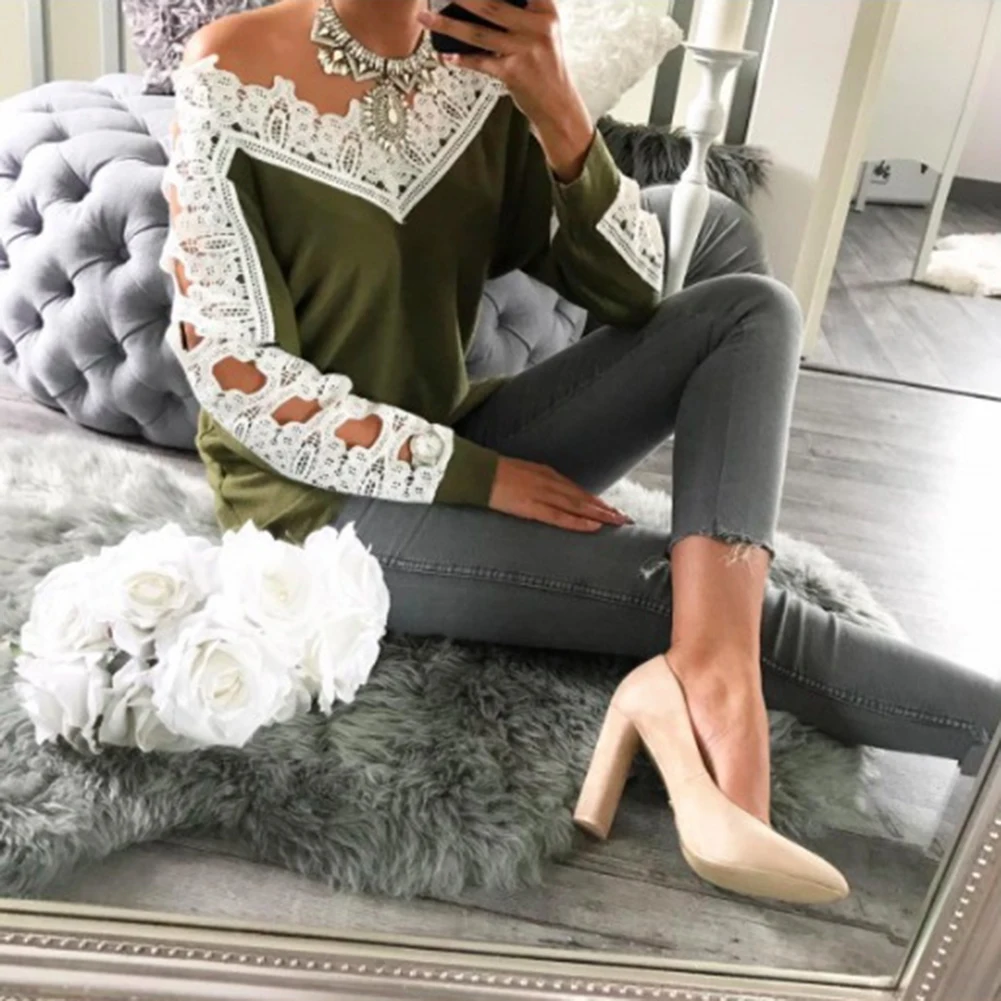 

Autumn Fashion Women Lace Lacework V-neck Off Shoulder Long Sleeve Top