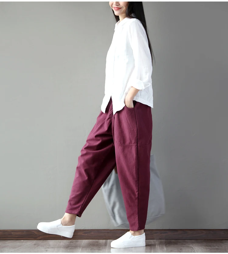 Obrix Loose Sporty Streetwear Female Harem Pants Mid Elastic Waist Calf Length Cotton Pockets Dance Wide Hips Pants For Women