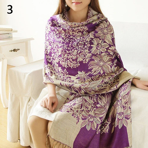 Женская длинная теплая шаль в Ретро этническом стиле с цветочным узором и кисточками, шарф из пашмины - Цвет: Фиолетовый