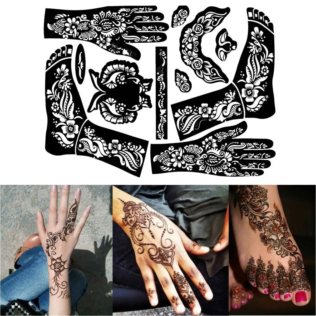 103 16 De Réduction1 Feuille Tatouage Au Henné Modèles Mains Pieds Jambe Bras Aérographe Tatouage Modèles Professionnel Temporaire Mehndi Corps