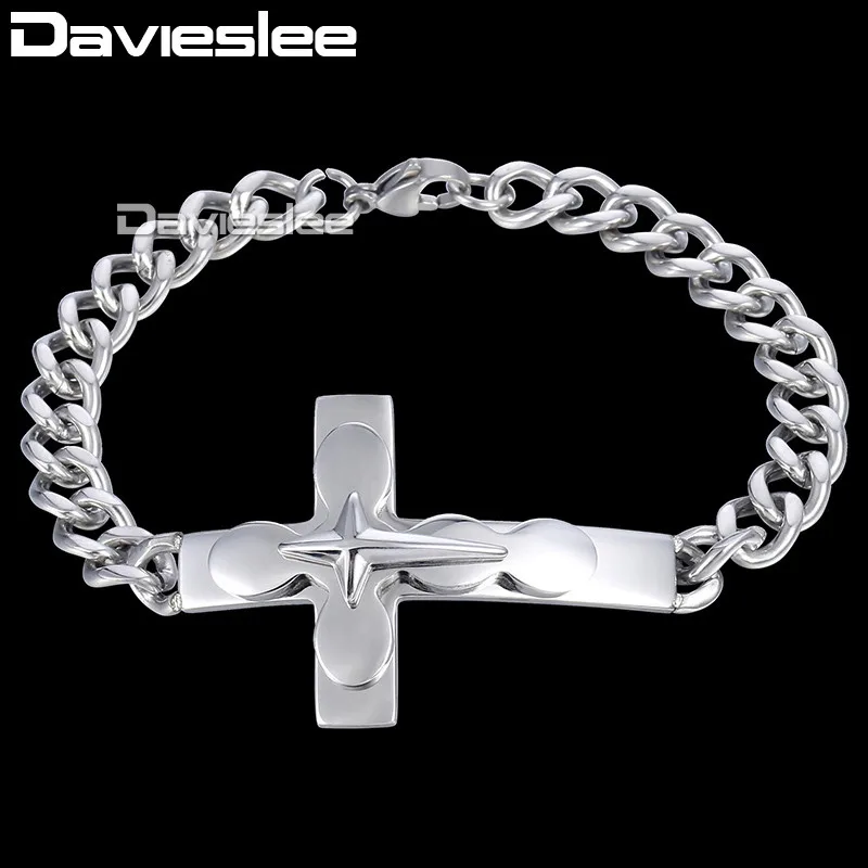 Davieslee 3-Слои крест браслеты с подвесками для мальчиков Мужская цепочка с крупными звеньями кубинской Нержавеющая сталь, Серебристый; Высота танкетки 8 мм DKB550