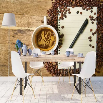 

Else Brown Wood on Cup of Coffee Beans Notebook 3d Print Photo Cleanable Fabric Mural Home Decor Kitchen Background Wallpaper