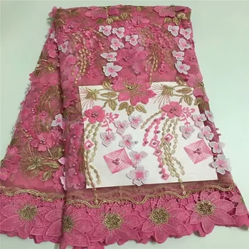 

2018 Latest Wine Tulle Lace Fabric High Quality 3D Flower African Lace Fabric With Beads lace material For bridal lace A968-1