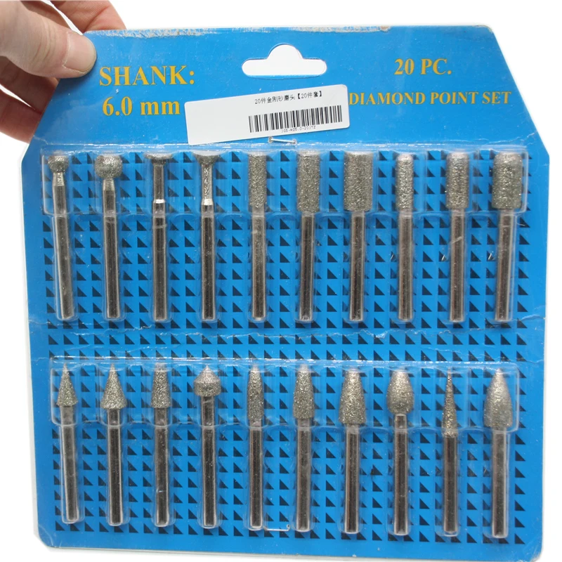 20pcs/pack 6mm diamond point set Grinding bits for diamond stone grinding peeling bits for rotary tools