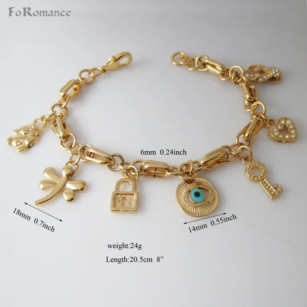 

MIN ORDER 10$/CAN MIX DESIGN 8" YELLOW GOLD GP FILLED BRASS EVIL EYE LOCK KEY HEART SLIPPER MONKEY DRAGONFLY CHARM BRACELET