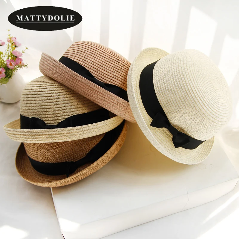 

MATTYDOLIE wholesale Hat for kids Summer Hat Bow tie Women Men Straw Hat Collapsible Beach Sun Hat girls and boys