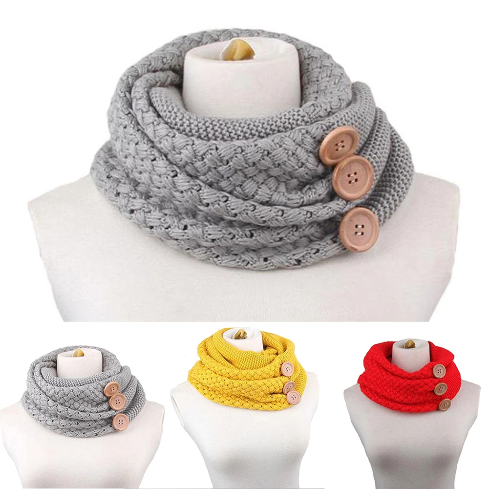 

2017 New Winter Women's Button Warm Two Circle Cable Knit Neckerchief Long Scarf Shawl