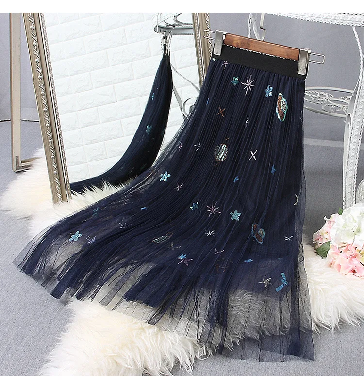 

Gorgeous Stars Moon Feathers Embroidery Long Women Skirts Stretchy Waist Skirts Womens faldas mujer moda 2018 918201