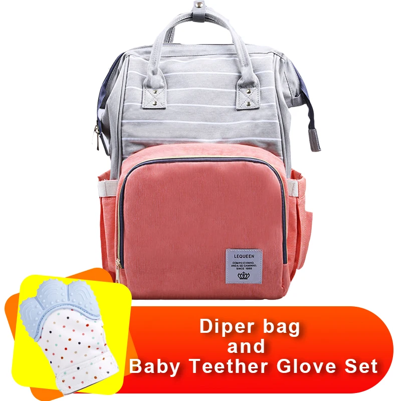 

Designer Nursing Care Baby Bag And Baby Teether Glove Set Lequeen Stripe Diaper Bag Backpack Organizer Waterproof Patchwork Bag