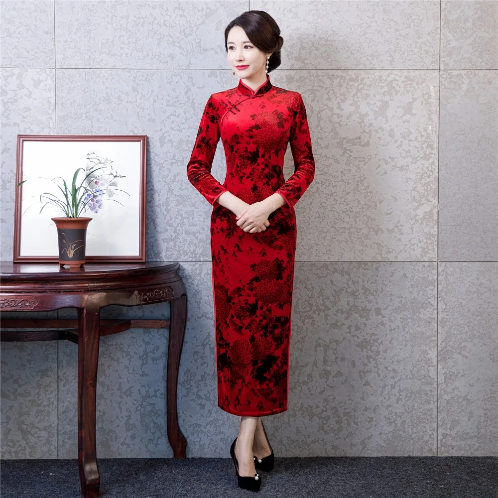 Шанхай история новая распродажа с длинным рукавом Винтаж чеонгсам с цветочным узором красные длинные бархатные платье Чонсам Для женщин
