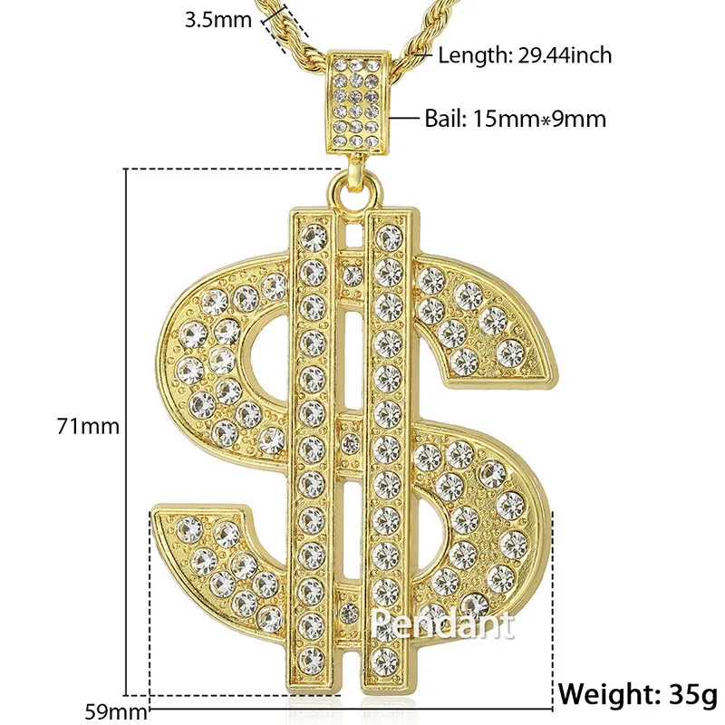 Trendsmax, США, доллар США, деньги, подвеска, ожерелье для женщин и мужчин, цепочка в стиле хип-хоп, золотой цвет, со льдом, проложенные Стразы KGPM08