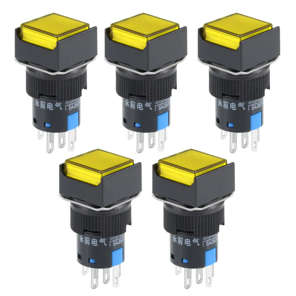

UXCELL 5Pcs 16mm Switches Momentary Push Button Switch Green Yellow LED Light Square Button 1 NO 1 NC Switch Supplies Light 220V
