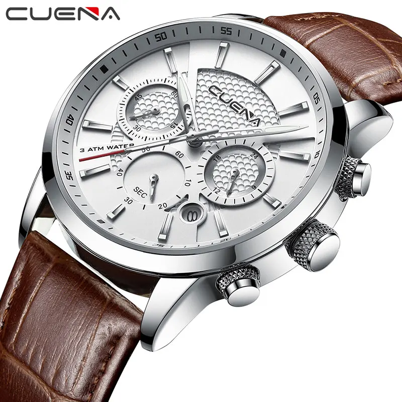 CUENA Watch Classic Leather Men Functional Sport Waterproof Quartz Wristwatch Calendar Clock Business Watch Relogio Masculino CUENA Watch Classic Leather Men Functional Sport Waterproof Quartz Wristwatch Calendar Clock Business Watch Relogio Masculino