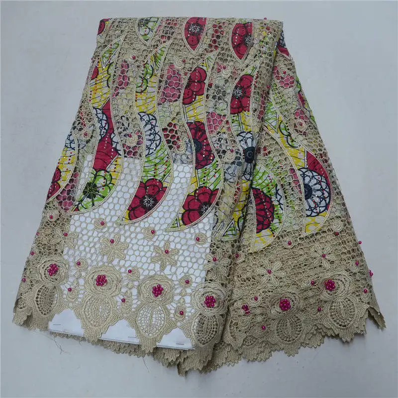 

High Quality African Lace Fabric fashion guipure lace with wax print african print wax mix guipure cord lace with stones