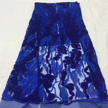 

Royal Blue Latest African 3d Flowers Tulle Lace Fabric 2018 With Plenty Sequins Tulle Lace Fabric For Women Dress HJ1064-1