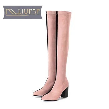 

MLJUESE 2019 women over the knee boots Korea stretch fabric winter mixed colors pointed toe square heel high boots female boots
