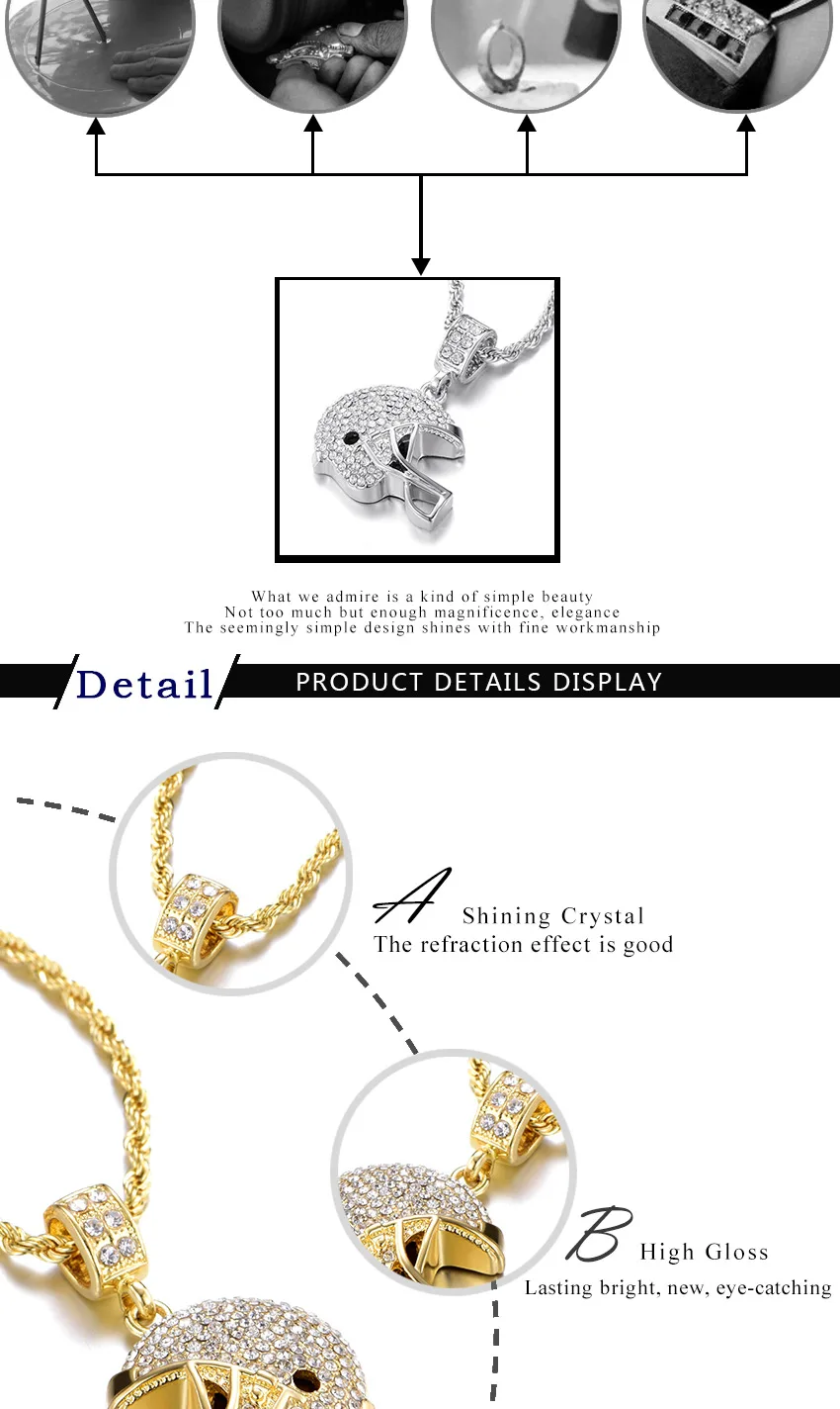 Rugby Helmet Pendant Sport Style For Men Iced Out Chain Shining Crystal Gold/Silver Charm Football Necklace Pendant NFL Helmet