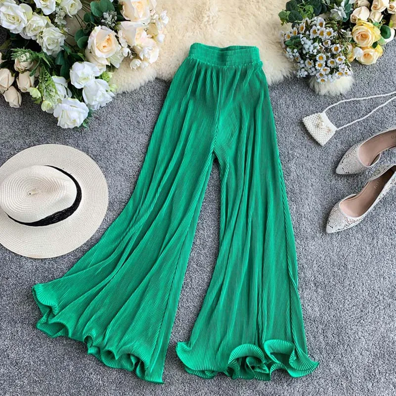 

2019 Korea Summer Autumn Female Empire Elastic Waist Solid Loose Pants Soft Casual Lady Street Pleasted Flare Trousers