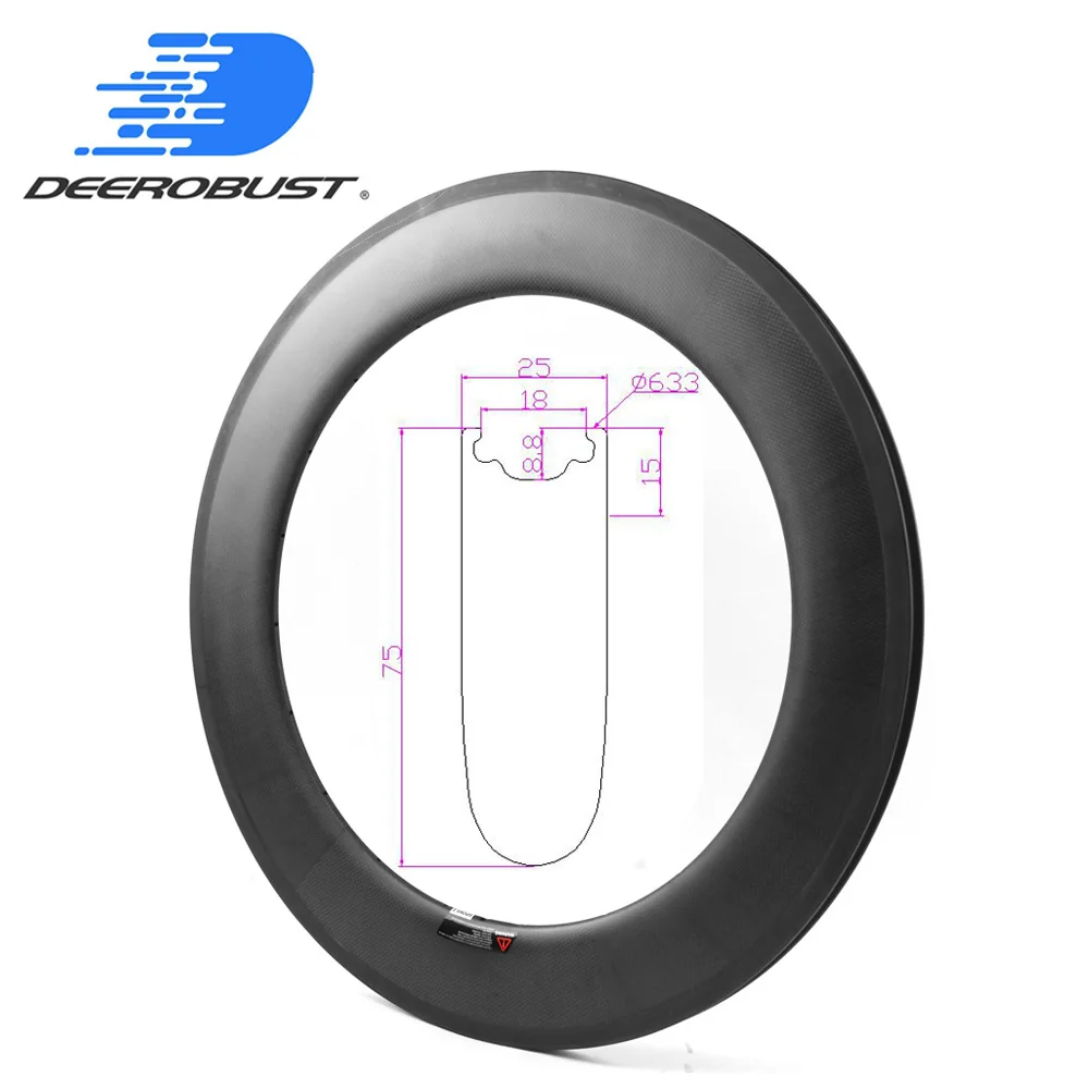 

640g 700c 75mm x 25mm Tubeless Clincher Carbon Road Bike Rims UD 3K 12K Twill Bicycle Rim Time Trial Wheel Triathlon 20 24 Holes