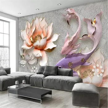 

Lotus fish retro fresh 3D TV background wall professional production murals, wallpaper wholesale, custom poster photo wall