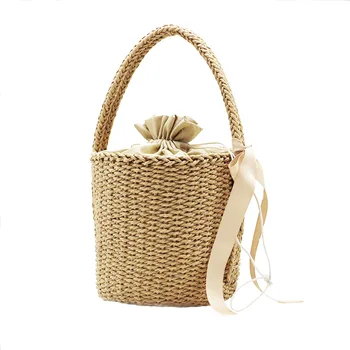 

Women Ribbon Handbag Summer Beach Drawstring Female Straw Bags INS Popular Lady Casual Basket Travel Handmade Weave Tote SS3110