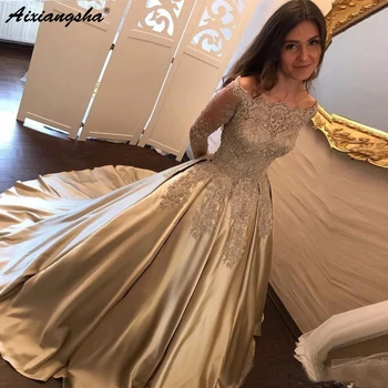 

Muslim Evening Dresses Off Shoulder Long Sleeve Gold Lace Beaded Satin Formal Dress Saudi Arabic Long Elegant Evening Gown
