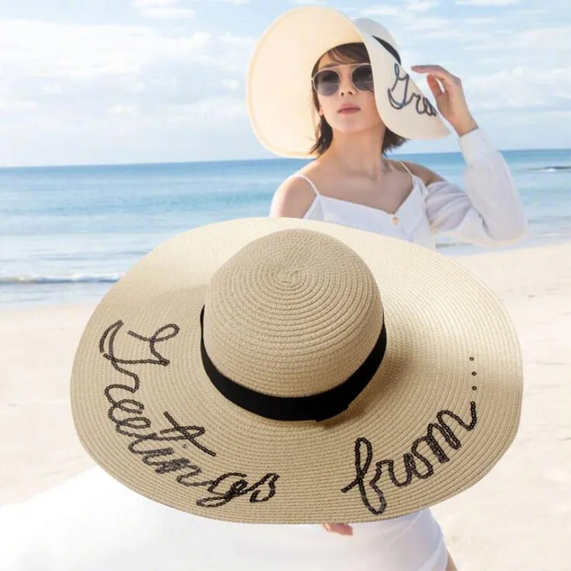 

Seioum fashion Summer Large Brim Sun Hat For Women Sequins Letter do not disturb Embroidery Folded Floppy Hat Bohemia Beach Cap