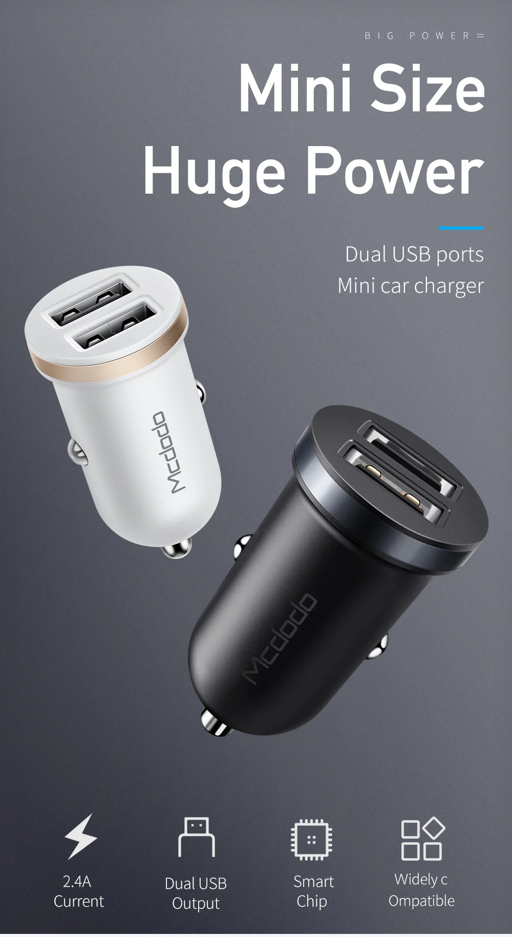 MCDODO, 12 Вт, быстрое автомобильное зарядное устройство с двумя usb-портами, Универсальный мини USB разъем, автомобильный адаптер для зарядки телефона для iPhone, Xiaomi, мобильного телефона, планшета, gps