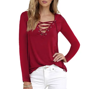 

Women Sexy Plain Deep V Neck Cross Eyelet Lace Up Long Sleeve Blouse Top Shirt