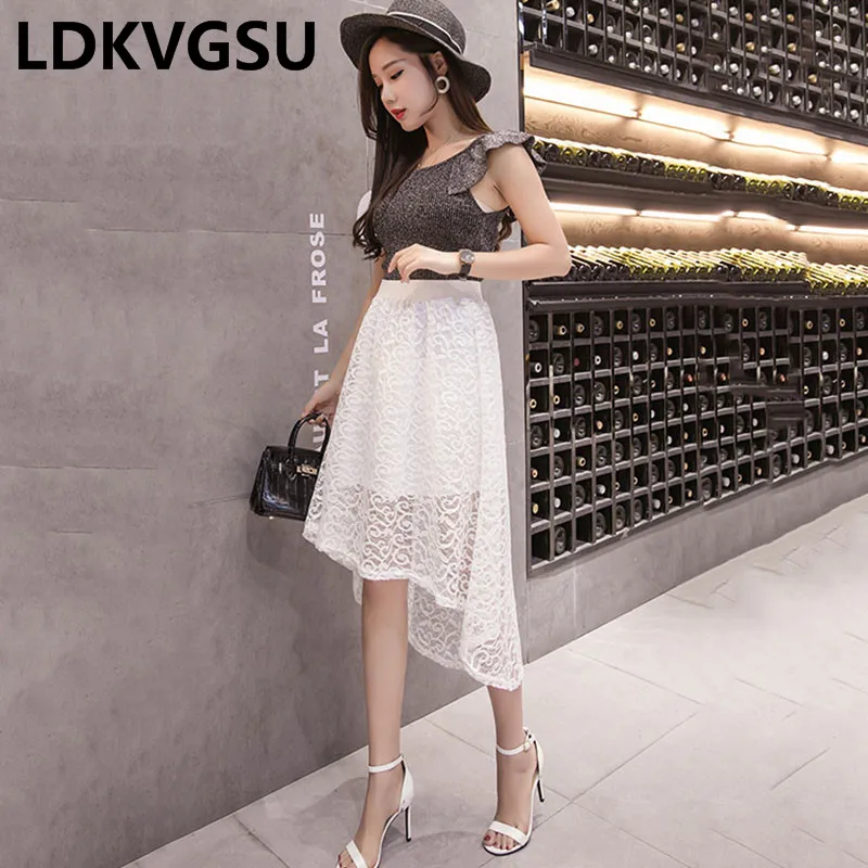 white skirt Новое поступление сезон: весна–лето Для женщин юбка корейский эластичный Высокая талия юбка миди модная открытая кружевная юбка Женский Is708 - Цвет: white skirt