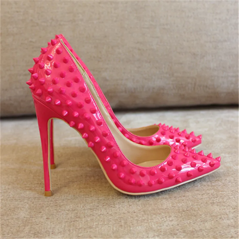 

Free shipping fashion women Pumps Fuchsia studded spikes rivets Pointy toe high heels shoes size33-43 12cm 10cm 8cm party shoes