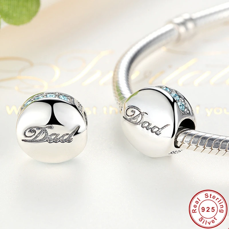 

Family Charms fit Pandora Bracelet 925 Sterling Silver Round Ocean Blue Zircon Dad Alphabet Beads for Original Bracelets Father
