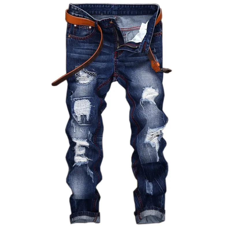 

High Quality Plus Size 42 Vintage Washed Hole Denim Jeans Straight Pants Stretch Denim Men Jeans Trousers