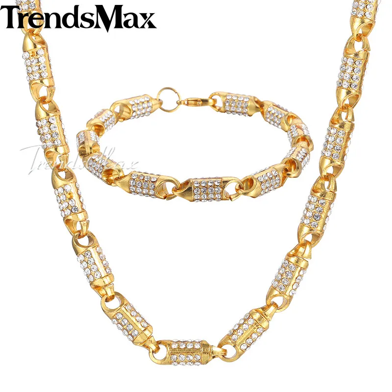 

Trendsmax Hiphop Jewelry Set Mens Necklace Bracelet Womens Miami Iced Out Chain Yellow Gold Color Stick Bead Link GS260