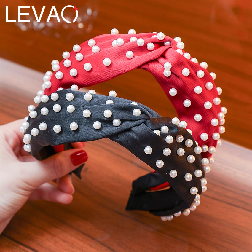 

Levao Satin Full Pearl Headband for Women Girls Beads Pearls Cross Knot Hairband Hair Hoop Wide Soft Hair Bands Head Bezel