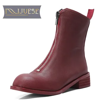 

MLJUESE 2019 women ankle boots sheepskin zippers wine red color autumn riding boots low heel women boots size 34-40