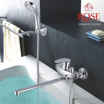 

ROSE bath faucet with long spout and shower watering can, set on the wall in a bath brass faucet and shower head, faucet set for hot and cold water and shower head,wall tap with long spout S5072
