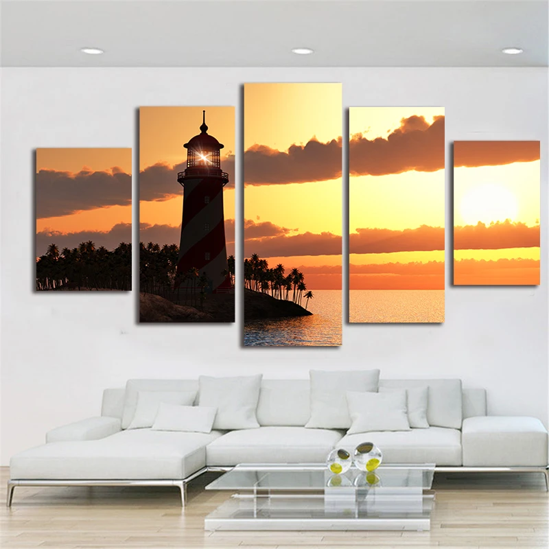 Modern Canvas HD Printed One Set 5 Piece Lighthouse Sunset Landscape Modular Pictures For Living Room Home Decorative Wall Art | Дом и сад