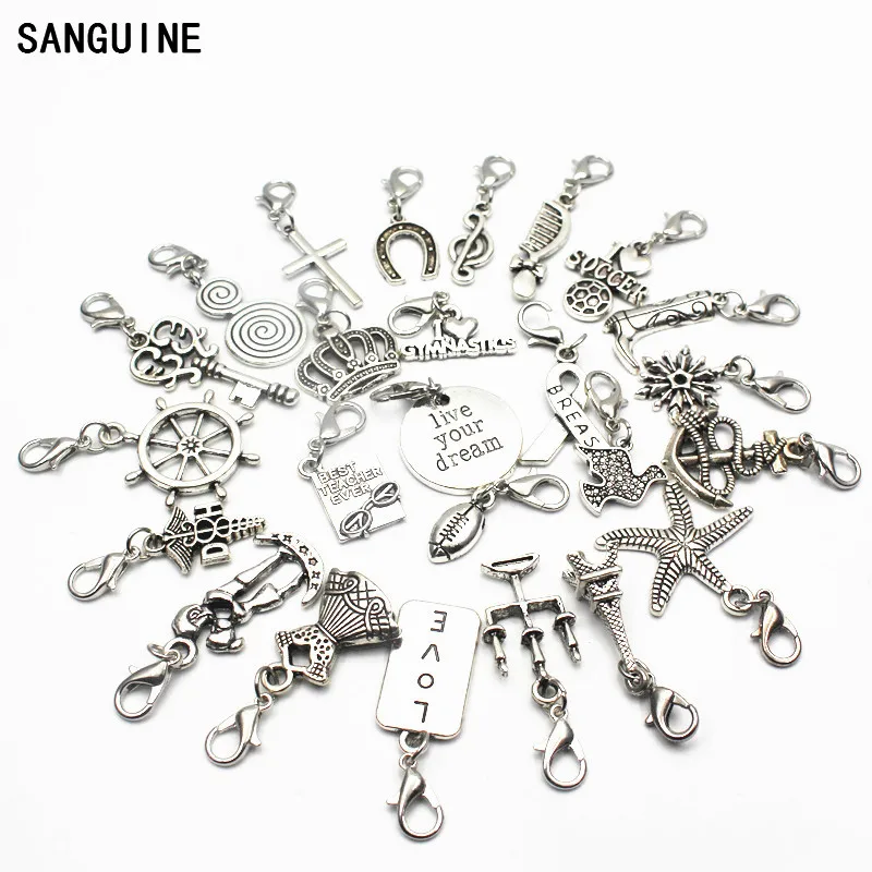 Mixs 50pcs/lot Silver Alloy Style Dangle Charms Lobster Clasp Vintage
