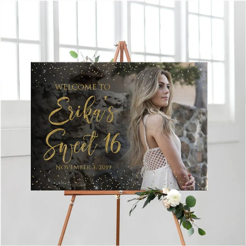 Silver and Pink Welcome Sign Sweet Sixteen Welcome Sign Landscape Sweet 16 Birthday Welcome Sign W838