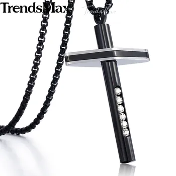 

Trendsmax CZ Rhinestone Cross Necklace for Men Stainless Steel Box Chain Gold Black Silver Color Pendant Men's Jewelry KKPM132