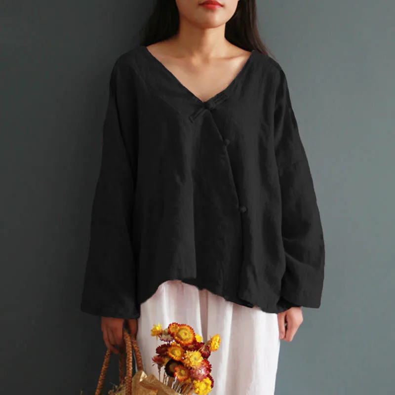 Prix 2018 Femmes Printemps Rétro Col en V À Manches Longues Style Chinois Boutons Coton Lin Lâche Blouse Uni Ourlet Fendu Chemise Plus taille