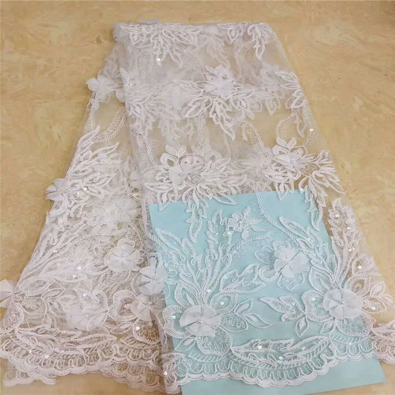 

White Sequin Embroidery African Lace Fabric High Qualitiy French Beaded Lace 5 Yards 3d Flower Wedding Dress Tulle Laces X982-6