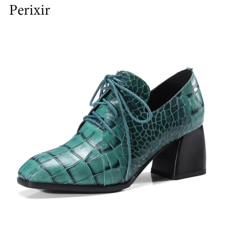 

Perixir Autumn Women Pumps Fashion Genuine Leather Pumps for Women Classic England Wind Handmade Chunky Heel Lace-up Shoes Femme
