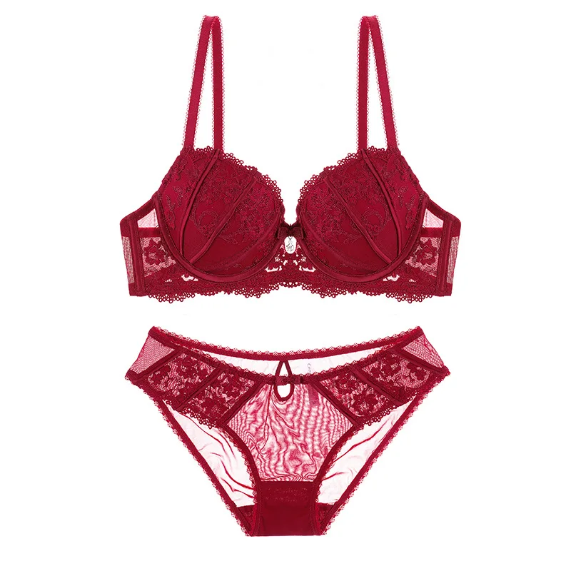 Burgundy Embroidery Lace Sexy Women's Bra Panties Sets Wine Bras Kit LadiesPush Up Bra Sets